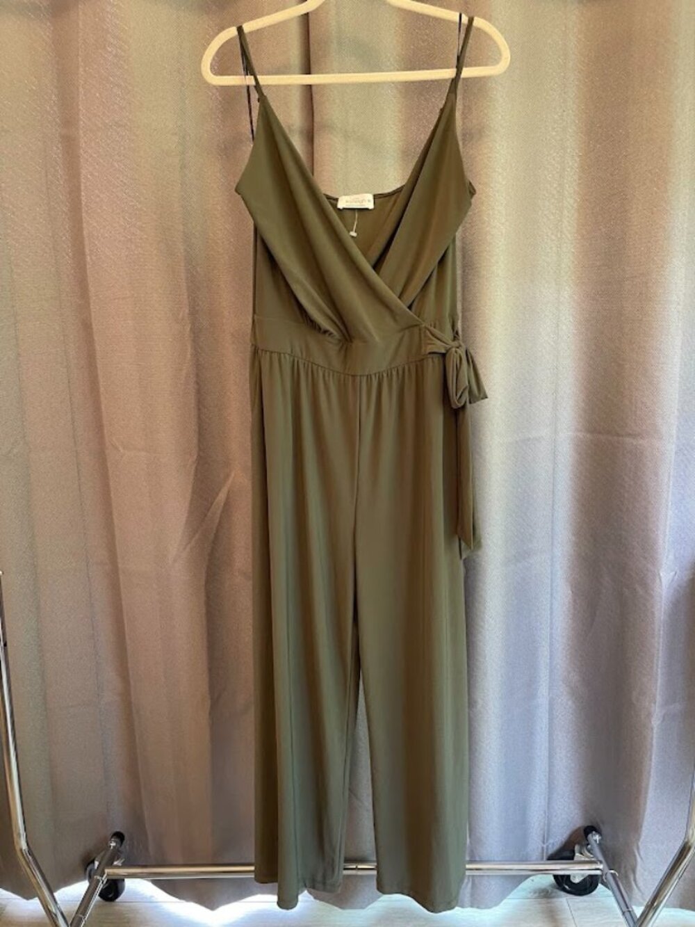 Kaileigh Olive Size Petite XL Adjustable Spaghetti Strap Side Tie Jumpsuit